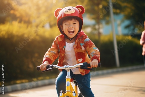 Happy asian kid riding bicycle in the park