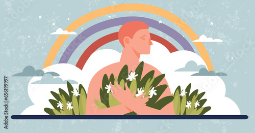 Concept of psychological health, mental balance, healing of childhood traumas, self-love. Happy man with flowers on rainbow background, flat cartoon banner.