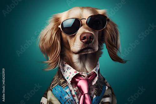 Cool looking dog wearing funky fashion dress - jacket, tie, sunglasses, plain colour background, stylish animal posing as supermodel © sam