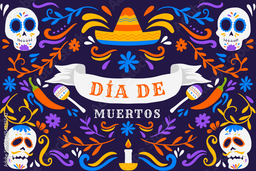 hand drawn dia de muertos horizontal banner illustration with ornaments