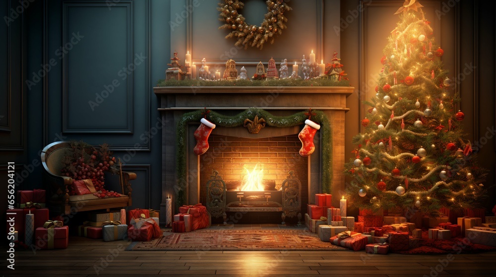 Cozy Christmas interior with a glowing tree, fireplace, and presents
