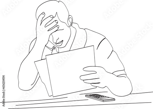 Financial Distress: Sad Businessman Trying to Find Money for Bills - Crisis Vector Scene, Business Failure Concept: Professional Man in Sad Pose Due to Money Loss - Cartoon Doodle