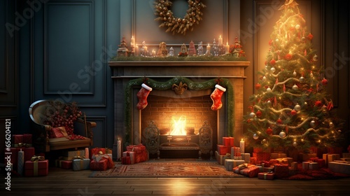 Cozy Christmas interior with a glowing tree, fireplace, and presents 