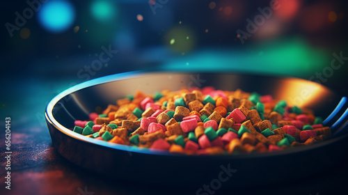 pet food dish at home with glitch texture style, generative ai photo