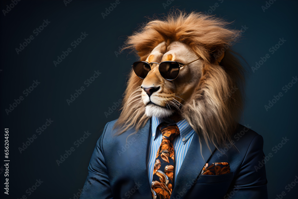 Cool looking lion wearing funky fashion dress - jacket, tie, sunglasses, plain colour background, stylish animal posing as supermodel - obrazy, fototapety, plakaty 