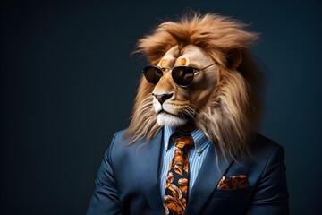 Cool looking lion wearing funky fashion dress - jacket, tie, sunglasses, plain colour background, stylish animal posing as supermodel