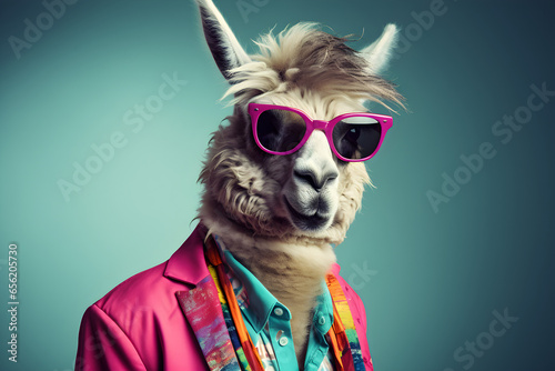 Cool looking llama wearing funky fashion dress - jacket, tie, sunglasses, plain colour background, stylish animal posing as supermodel