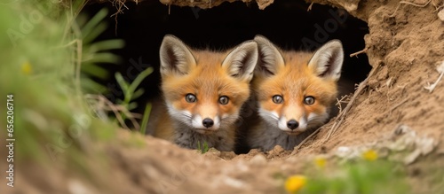 Wild red fox with cubs close up near its den feeding puppies