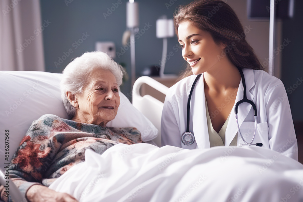 Fototapeta premium A female doctor is treating an elderly patient at her home