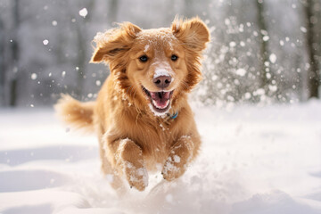 Portrait of a happy dog running in snow at winter