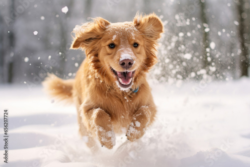 Portrait of a happy dog running in snow at winter
