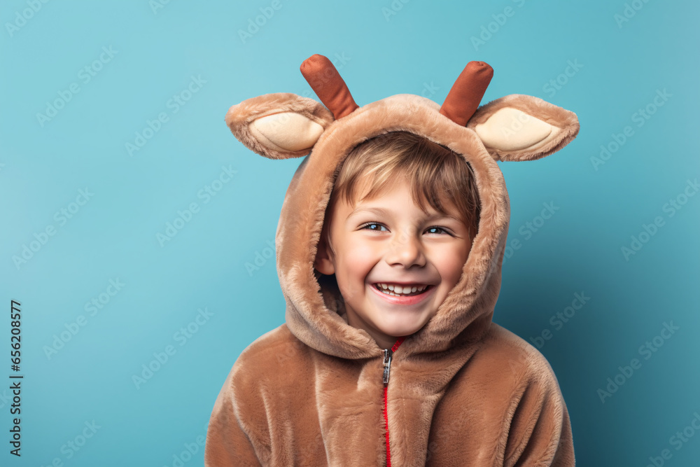 A boy wearing reindeer costume smiling on blue background, Christmas fancy dress concept.