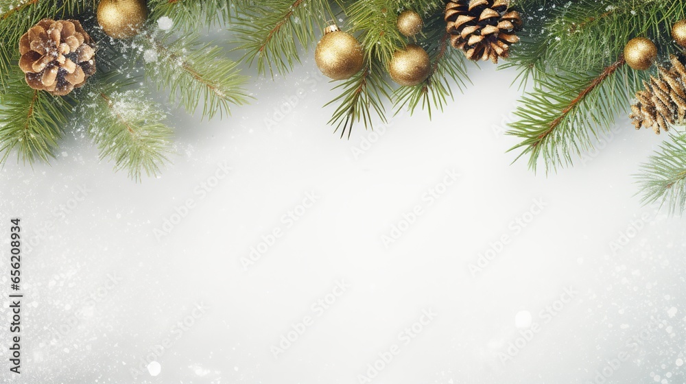 A Winter Theme Banner Background: top view photo of a winter or christmas themed banner background with a border of green fir branches and branches A Winter Theme Banner Background: top view photo of a winter or christmas themed banner background with a border of green fir branches and branches