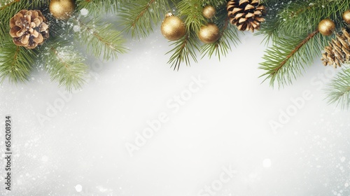 A Winter Theme Banner Background  top view photo of a winter or christmas themed banner background with a border of green fir branches and branches