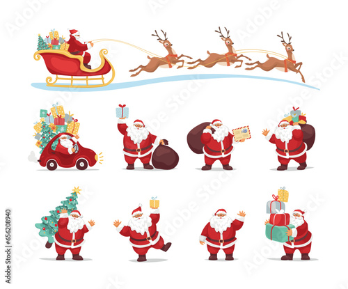 A large Christmas set with Santa Claus on a sleigh with reindeer, with gifts, with a New Year tree, in a car. Collection of characters for design, flat cartoon illustration isolated on white