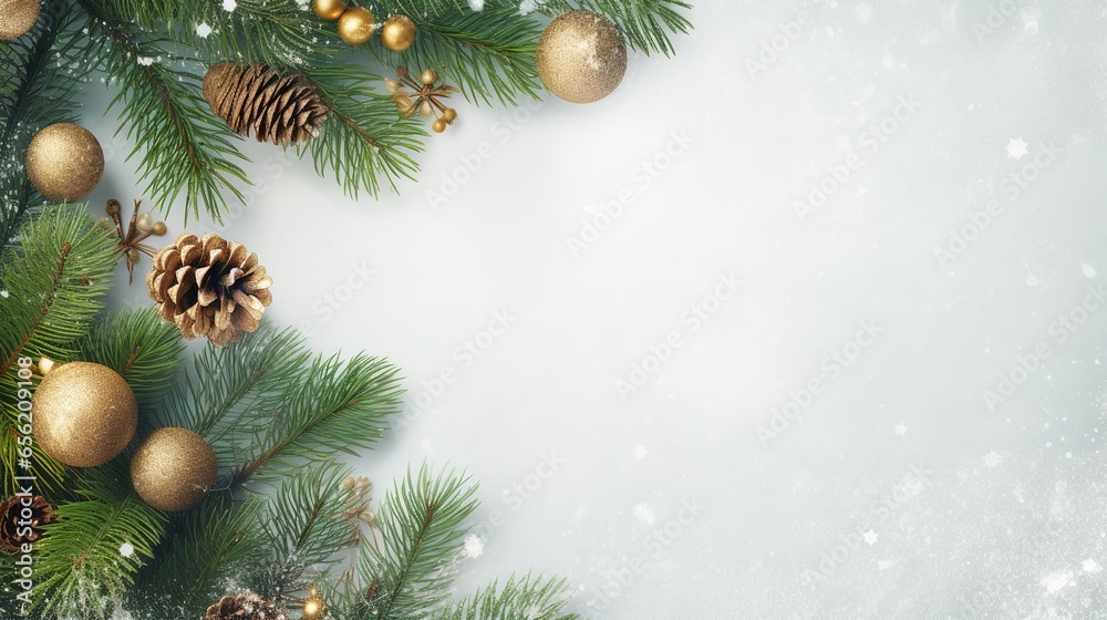 A Winter Theme Banner Background: top view photo of a winter or christmas themed banner background with a border of green fir branches and branches A Winter Theme Banner Background: top view photo of a winter or christmas themed banner background with a border of green fir branches and branches