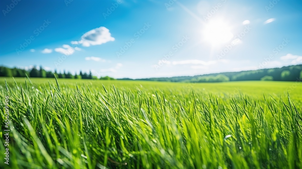 A real photo of Beautiful natural landscape of green fields with grass contrasting with blue sky with sun. Summer blurred background A real photo of Beautiful natural landscape of green fields with grass contrasting with blue sky with sun. Summer blurred background