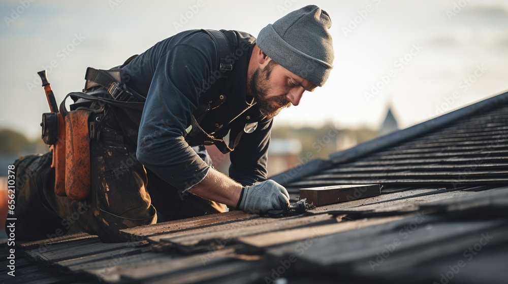 Roof repair, a Specialist in Roof Forming, is the Replacement of roof plates that have been used for a Long time. - obrazy, fototapety, plakaty 