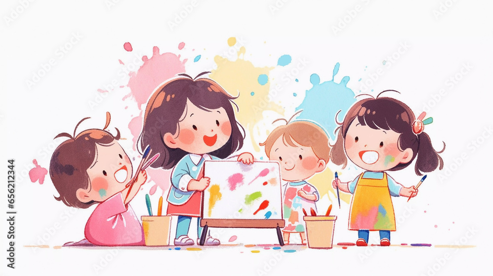 A group of cute preschool girl painting on the wall at the art class. Children's book cute image cartoon character. Fun school activity.