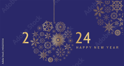 Merry Christmas and Happy New Year 2024 holiday template design banner, poster, card, cover Gifts, Santa, ball toy, christmas tree, snowflake Modern Xmas flat cartoon cute vector illustration