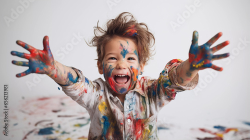 A cute and cheerful little boy laughing and having fun with colorful paint. Kid portrait playfully painting his face and hands isolated on white background. 