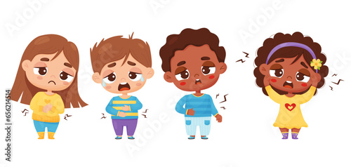 Sick kids. Collection diversity boys and girls suffering from stomach ailments and headache, pain. Vector illustration. isolated sad male and feminine kid character in cartoon style.