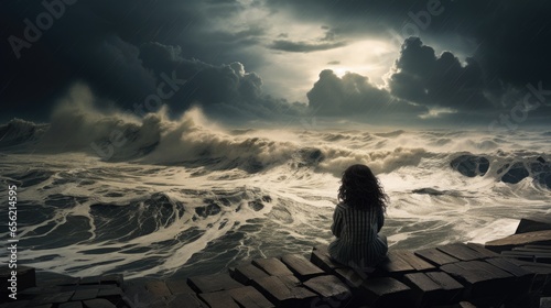 Lonely girl sits on the precipice. Stormy ocean waves crashing below. Serene silhouette above the sea with thunderous clouds approaching. 