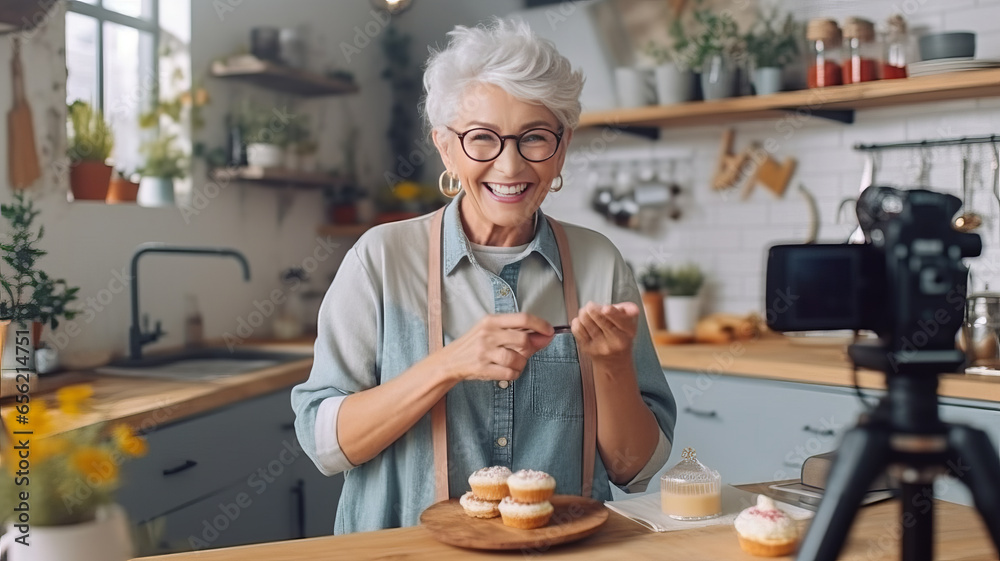 Cheerful senior elder influencer woman working on shooting for blog. Cheerful senior elder influencer woman working on shooting for blog.