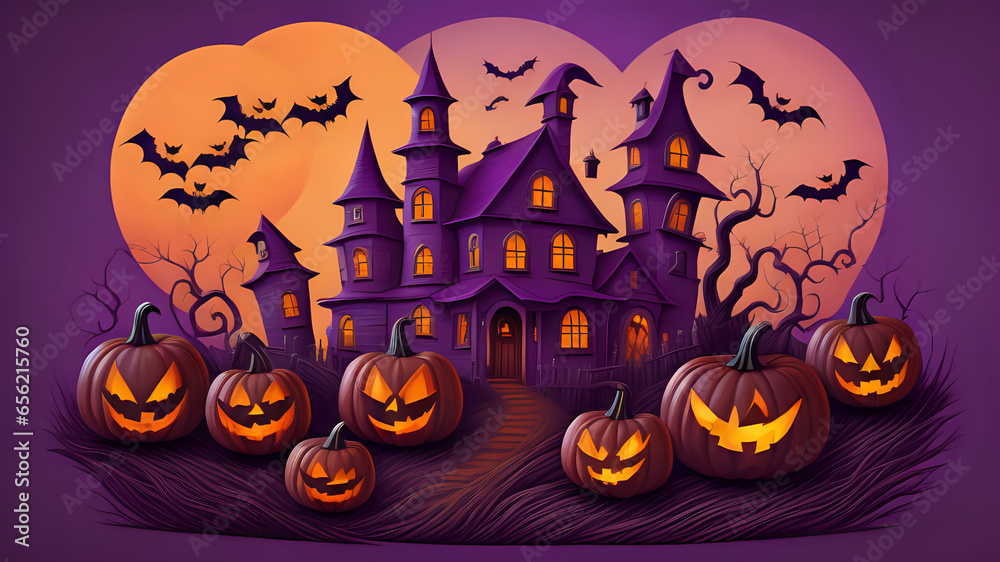 Halloween party. pumpkin head jack lanterns, burning candles, bats in dark spooky mystery forest at Halloween night. invitation. Copy space, space for message, digital ai generated