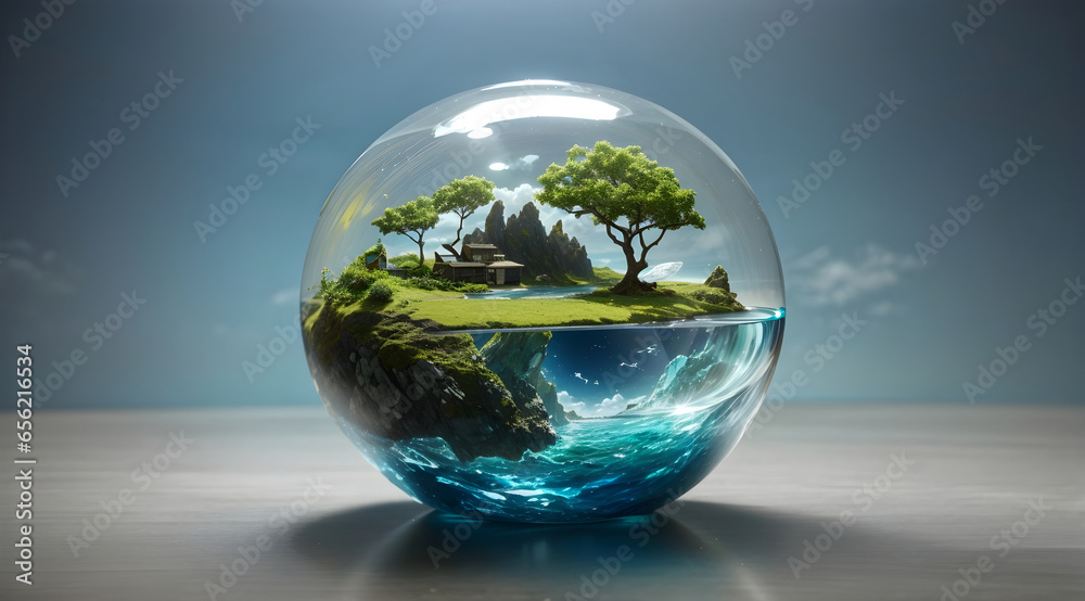 tiny island with sea contained within a sphere glass bottle