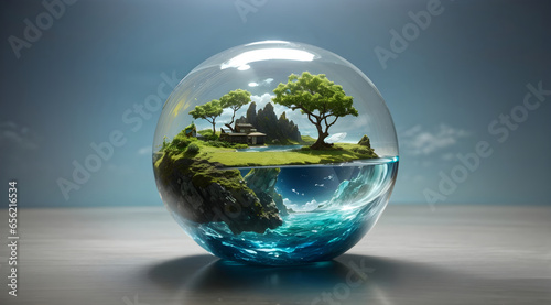 tiny island with sea contained within a sphere glass bottle