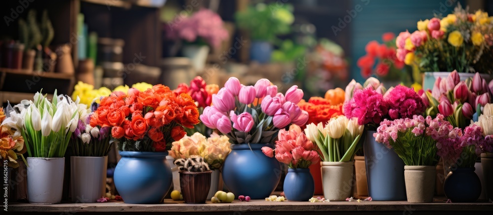 Colorful flowers on display at an urban flower market to brighten any space Colorful flowers on display at an urban flower market to brighten any space
