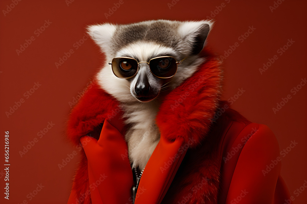 high fashion lemur studio portrait on plain colour background