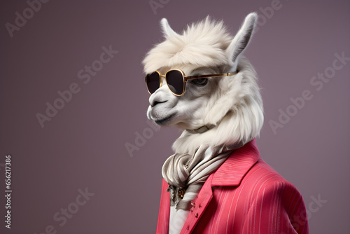 high fashion llama studio portrait on plain colour background