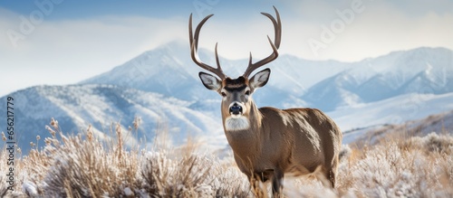 Billede på lærred Snowy hillside in Rocky Mountain Arsenal National Wildlife Refuge holds mule dee