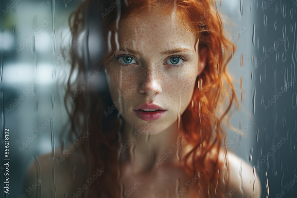 Naked sensual woman with red curly hair and freckles standing in shower and looking at camera, wet front background with drops. Clean skin care, feminine hygiene - obrazy, fototapety, plakaty 