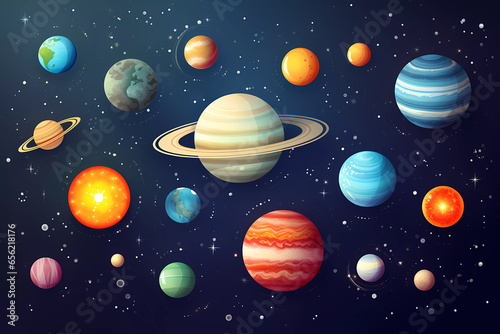 A graphic colour poster for the universe with planets  solar systems  and stars. Astronomical galaxy space