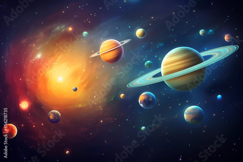 A graphic colour poster for the universe with planets, solar systems, and stars. Astronomical galaxy space