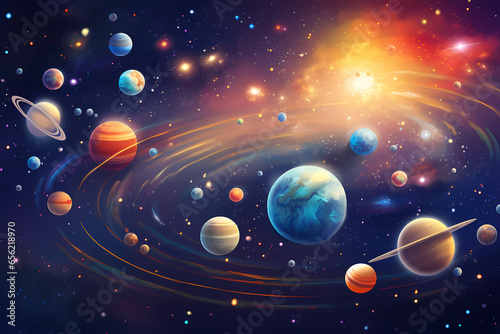 A poster for the universe with planets and stars. Astronomical galaxy space