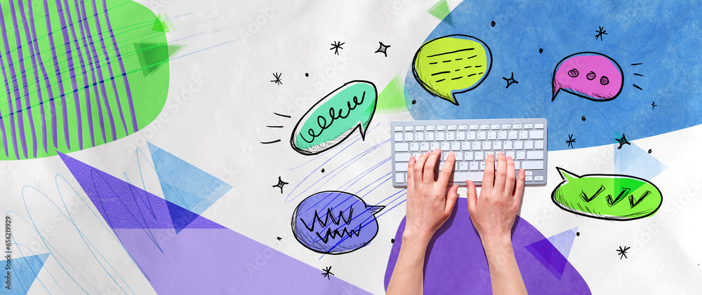 Speech bubbles and a computer keyboard - Photo collage Stock Photo ...