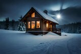 house in the snow,sunrise in the mountains, house in mountain at night,house in snow at night,house in winter  at night