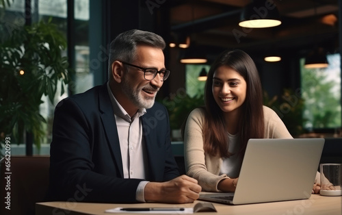 Smiling mature manager mentor talking to young coworker, showing online project results at meeting. Generative AI