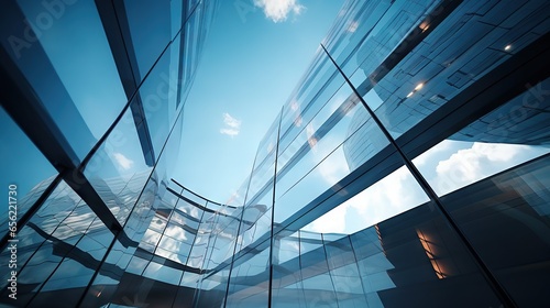 Low-angle view of futuristic architecture, Skyscraper of the office building with curved glass window. 
