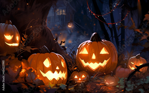 Illustration of glowing halloween jack o lanterns at night	