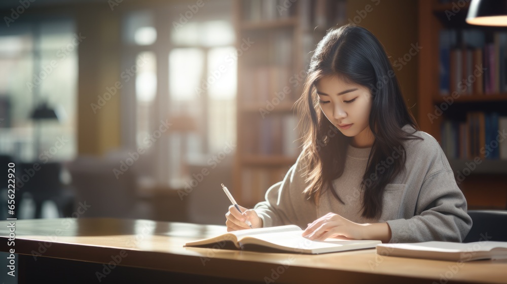 Student Asian woman or Exchange Student taking notes from a book at college library. Student Asian woman or Exchange Student taking notes from a book at college library.