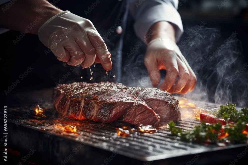 Chef's hands add spices to grill meat for steak. Ai generative - obrazy, fototapety, plakaty 