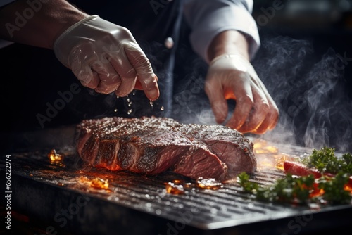 Chef's hands add spices to grill meat for steak. Ai generative photo