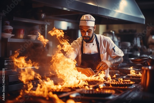 The chef prepares food over the fire at a restaurant in the kitchen. AI generative