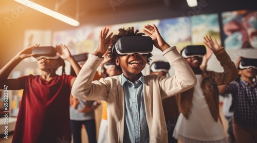 Surprised of Multicultural students with virtual reality headset in classroom photo