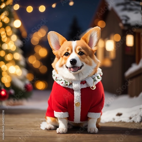 A full-body Christmas-clothed corgi in an outdoor winter wonderland with bokeh background